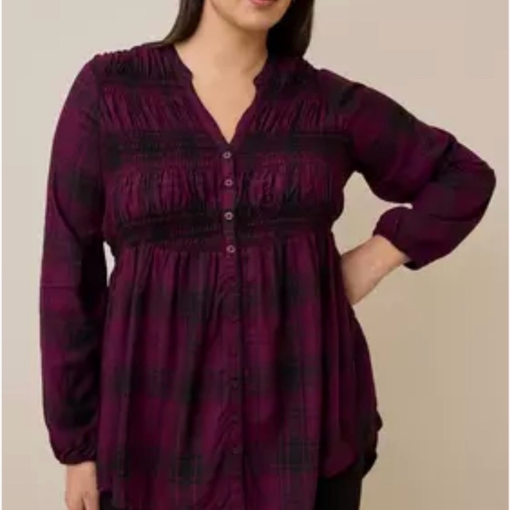 Torrid Purple Plaid Flannel Look Smocked Button-Front Tunic Size 12 Blouse
